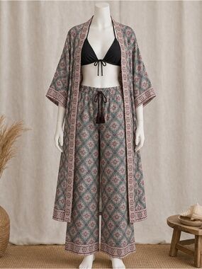 World Market Boho Beach Cover Up Set S/M Cotton Kimono Top & Pants Resort
